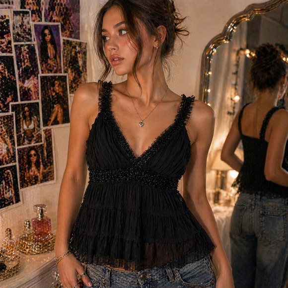 Kudu Tops - Vintage Y2K Black Ruffle Lace Babydoll Cami Top S Coquette Dark Fairy Whimsigoth